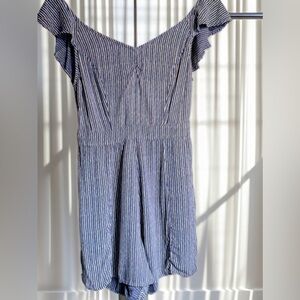 American Eagle Outfitters Blue and White Striped Off-Shoulder Romper Size Medium